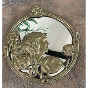 Vintage French Art Nouveau Deco Mirror 10" Round Brass Woman Lady Maiden Face